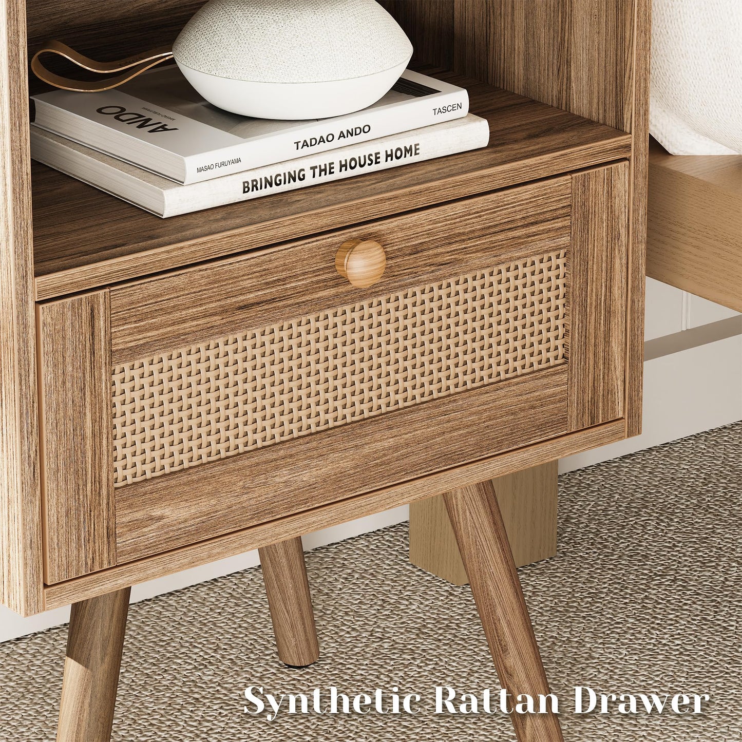 SUPERJARE Nightstands Set of 2, Night Stands with Charging Station & PE Rattan Decor Drawer, Bed Side Tables with Solid Wood Feet, End Table, for Bedroom, Living Room - Natural