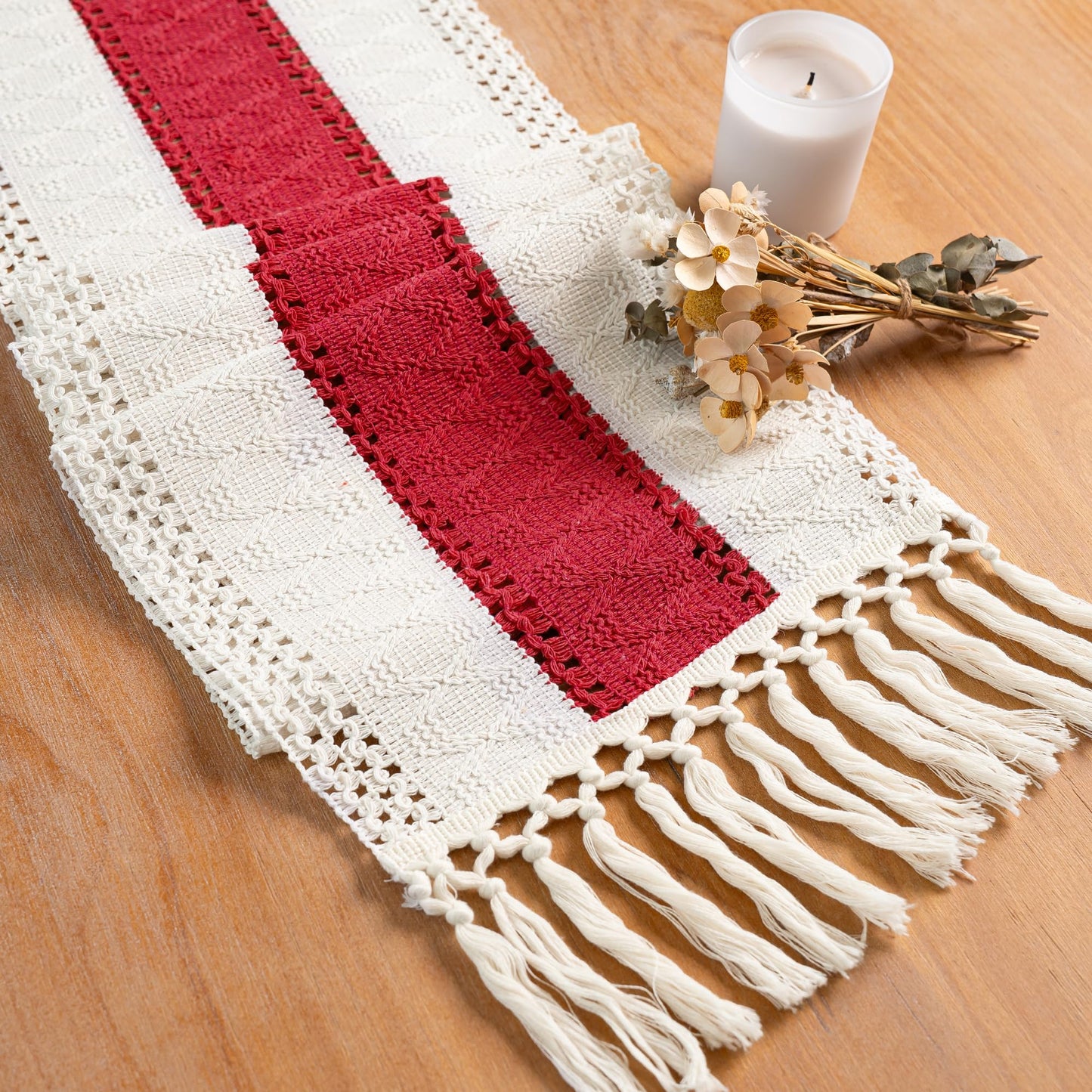 FEXIA Boho Table Runner for Fall Home Decor with Tassels 72 Inches Long Farmhouse Rustic Table Runner (12x72 Inches)