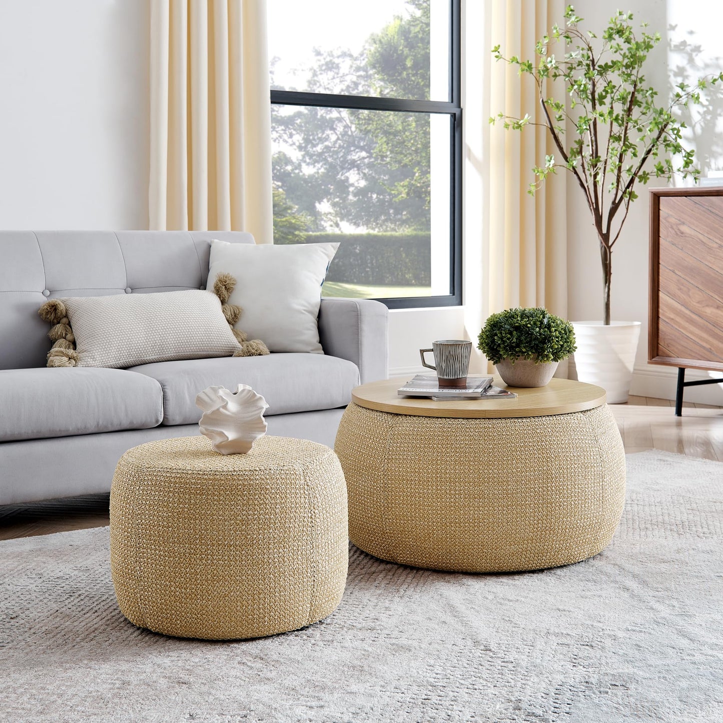 2-Piece Set Round Chenille Storage Ottoman, Equipped with a Drum Shaped Small Stool, Storage Space
