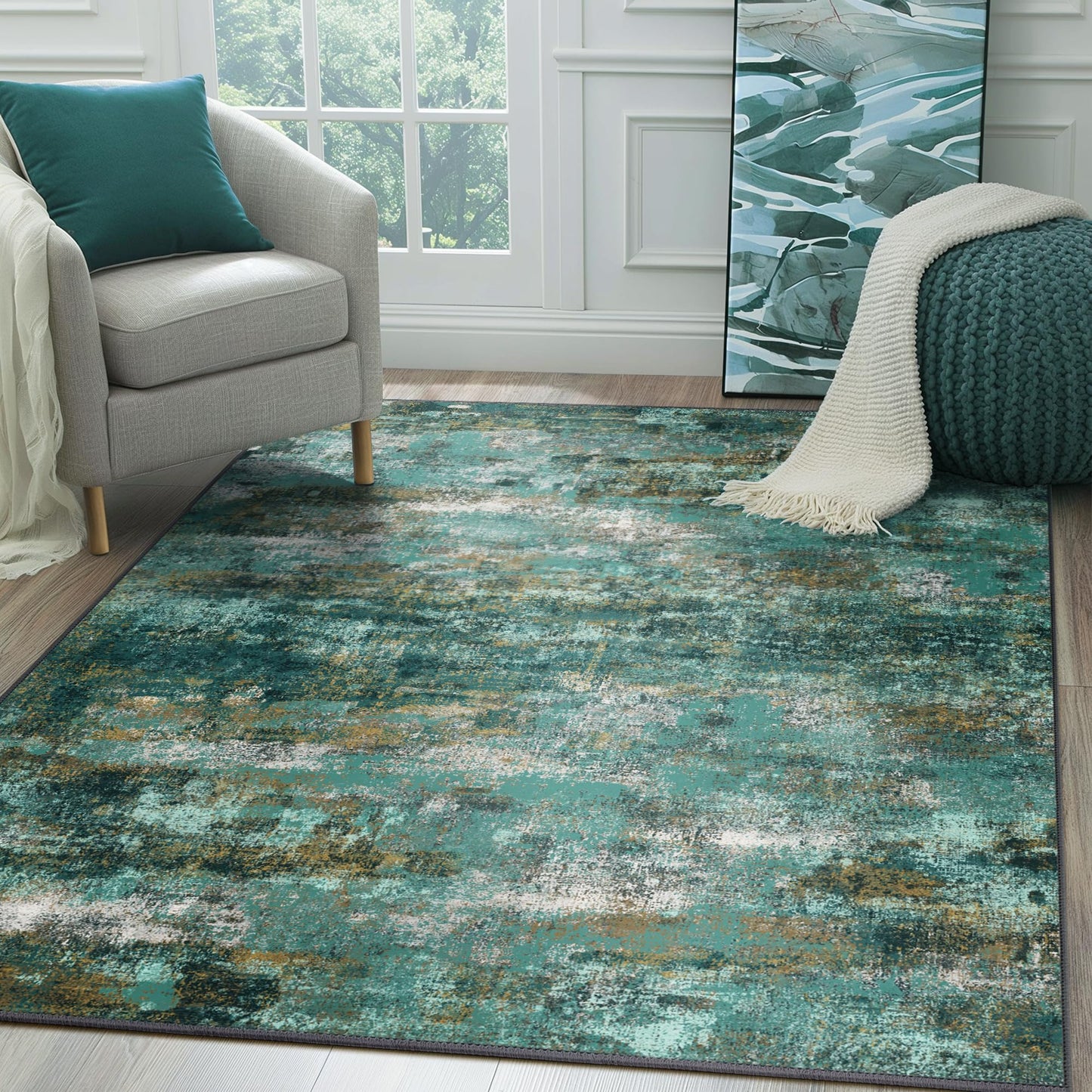 Area Rugs 5x7 for Living Room Bedroom, Modern Abstract Machine Washable Large Light Green Rug Soft