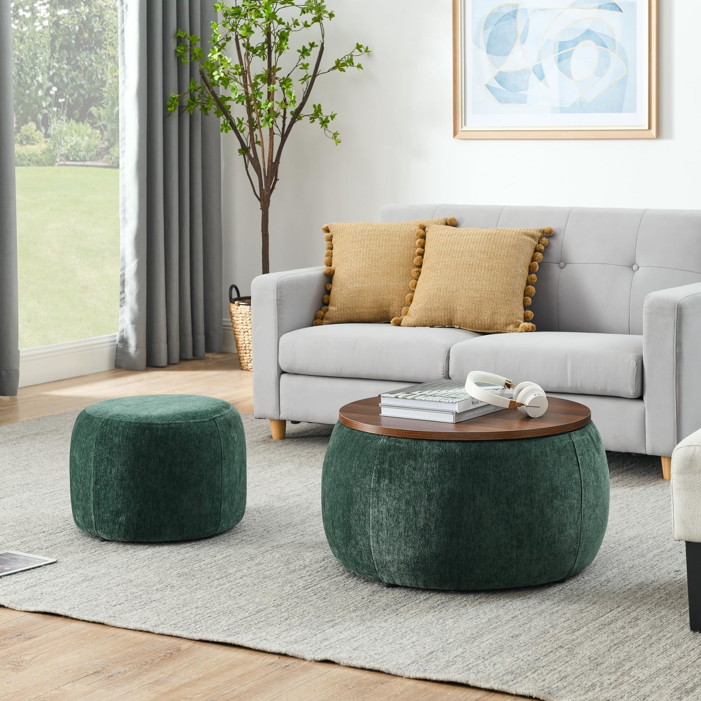 2-Piece Set Round Chenille Storage Ottoman, Equipped with a Drum Shaped Small Stool, Storage Space