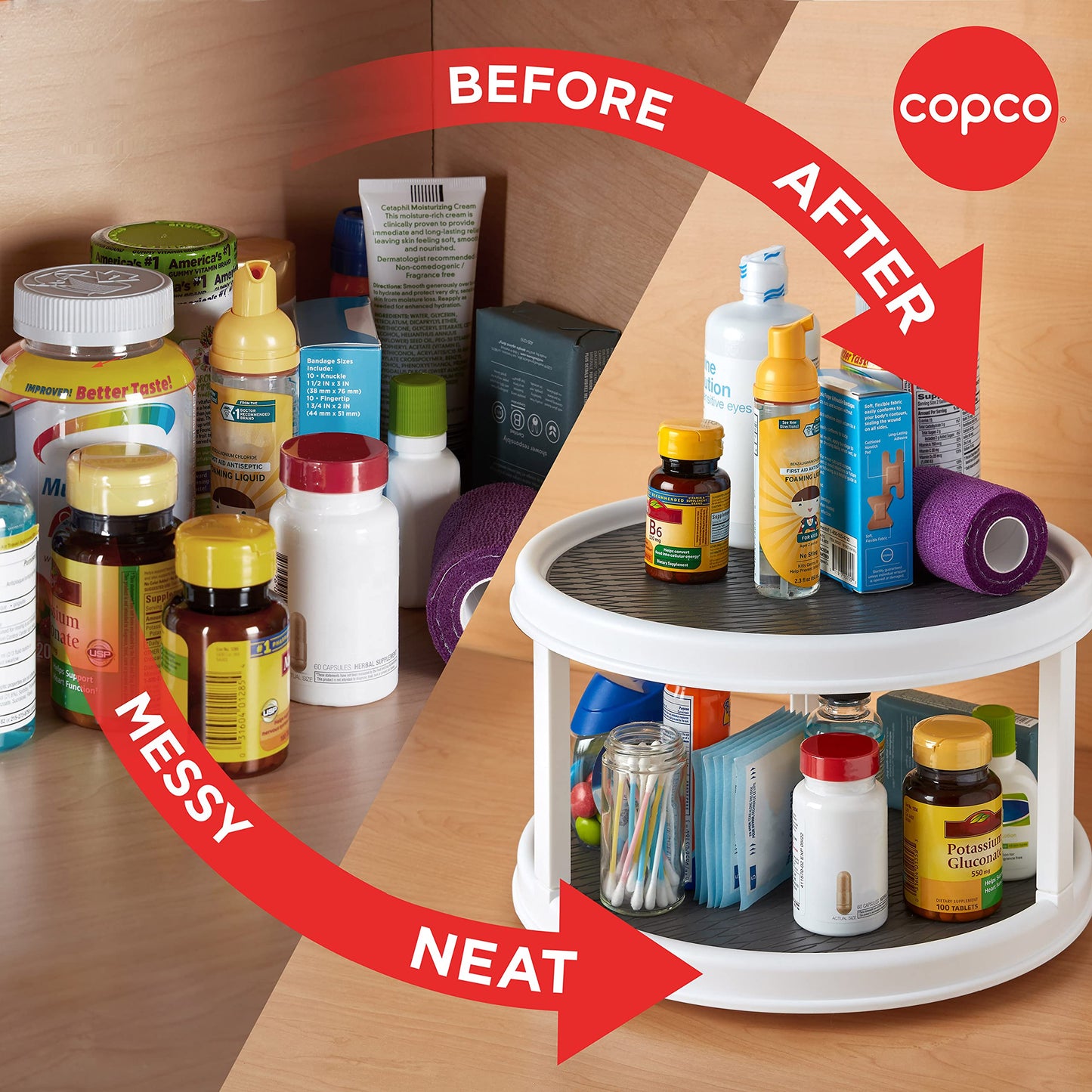 Copco Non-Skid Turntable, storage organizer 2-Tier, 12-Inch, Durable & Easy Clean, White/Gray