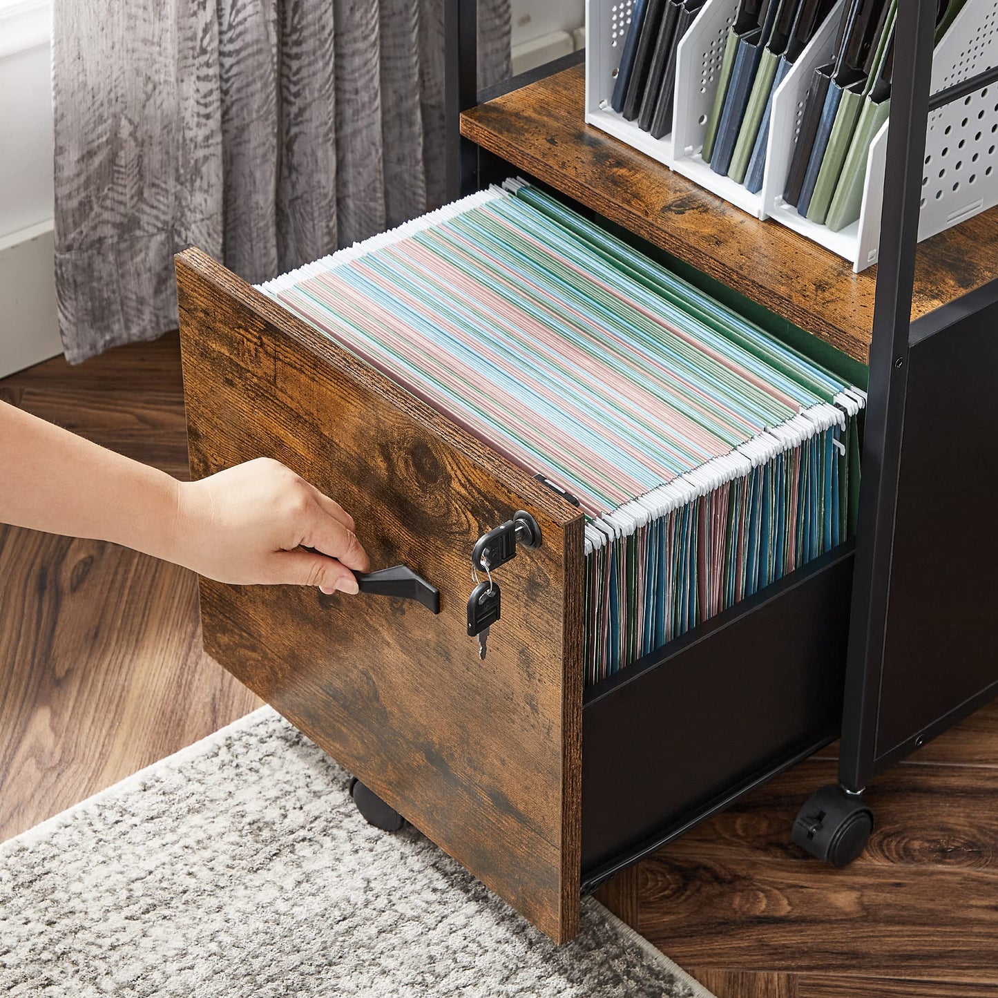 VASAGLE 3-Drawer Vertical File Cabinet, Rustic Brown and Black, for Home Office and Bedroom, A4 and Letter-Size Files, Lockable Drawers