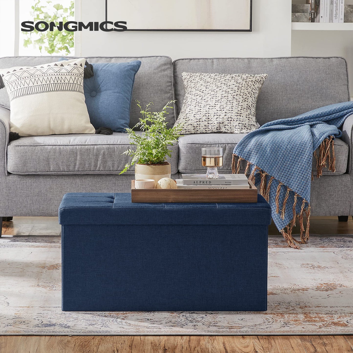 SONGMICS MAZIE Collection - 43 Inches Folding Storage Ottoman Bench, Ottoman Foot Rest, End of Bed Bench, Storage Chest, Load 660 lb, for Living Room, Bedroom, Entryway, Midnight Blue ULSF77IN