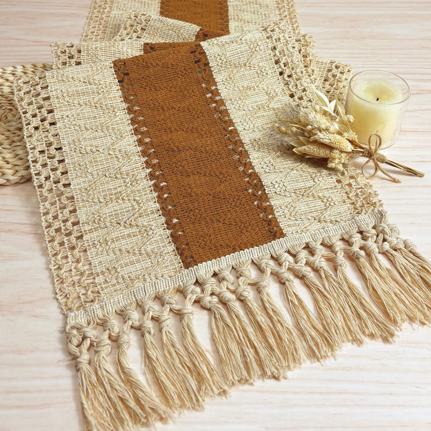 FEXIA Boho Table Runner for Fall Home Decor with Tassels 72 Inches Long Farmhouse Rustic Table Runner (12x72 Inches)