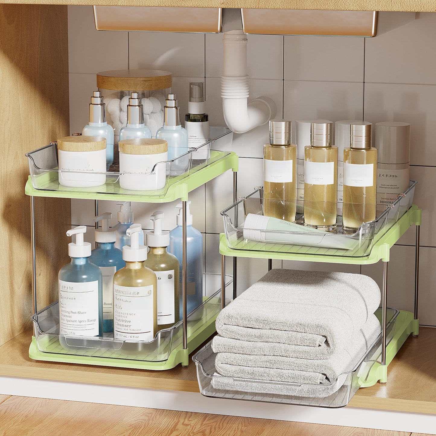 Delamu 2 Sets of 2-Tier Multi-Purpose Bathroom Under Sink Organizers and Storage, Stackable Kitchen Pantry Organization