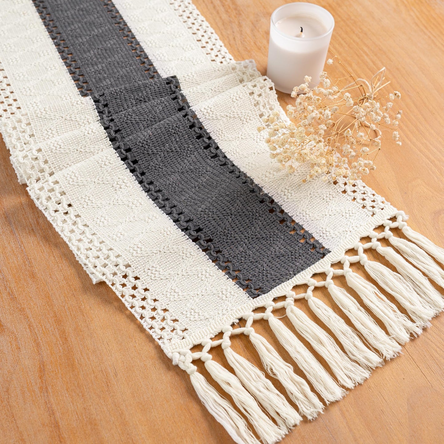 FEXIA Boho Table Runner for Fall Home Decor with Tassels 72 Inches Long Farmhouse Rustic Table Runner (12x72 Inches)
