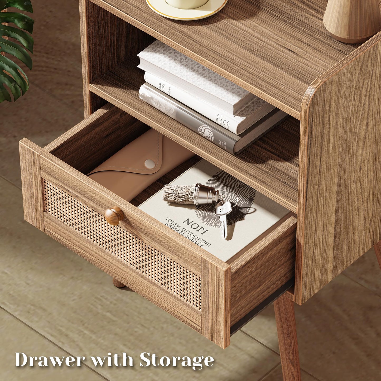 SUPERJARE Nightstands Set of 2, Night Stands with Charging Station & PE Rattan Decor Drawer, Bed Side Tables with Solid Wood Feet, End Table, for Bedroom, Living Room - Natural