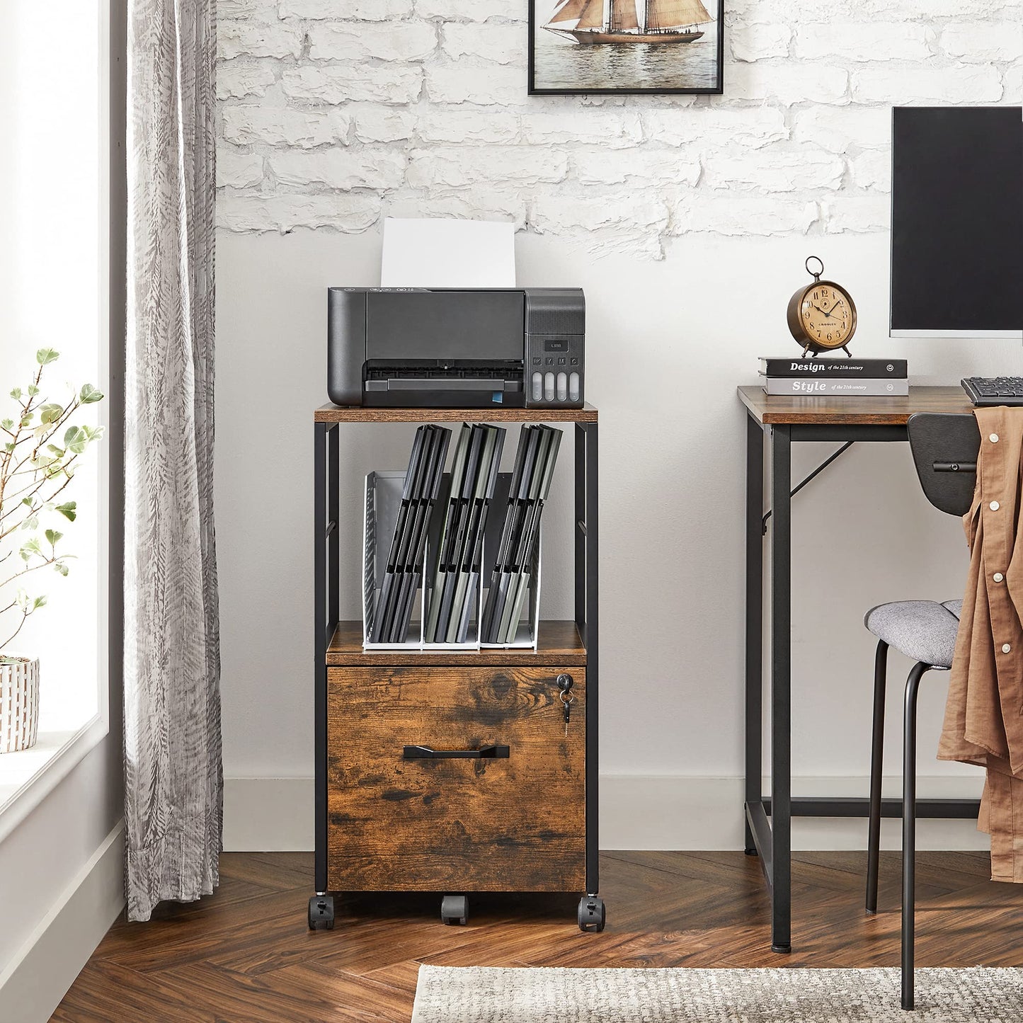 VASAGLE 3-Drawer Vertical File Cabinet, Rustic Brown and Black, for Home Office and Bedroom, A4 and Letter-Size Files, Lockable Drawers