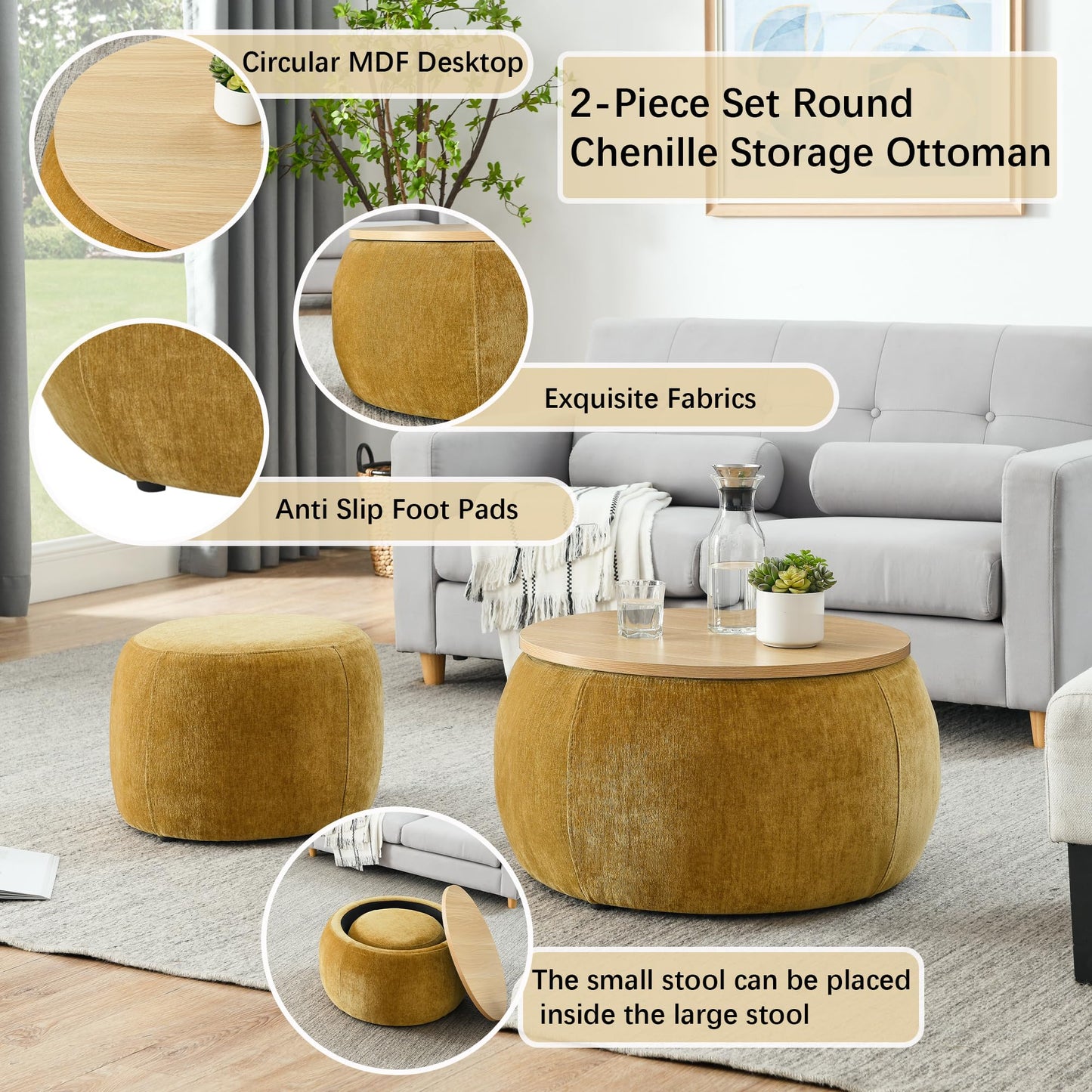 2-Piece Set Round Chenille Storage Ottoman, Equipped with a Drum Shaped Small Stool, Storage Space