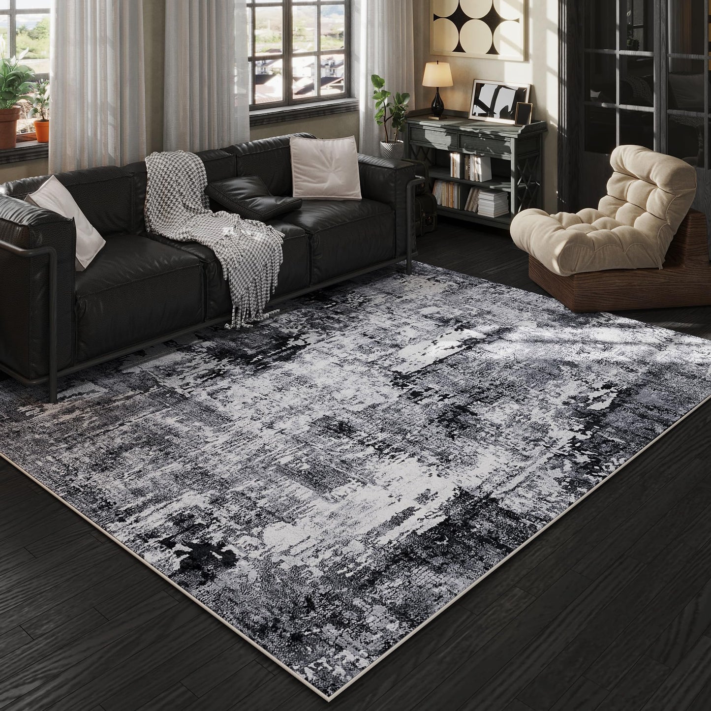 Washable Rug Boho Soft Abstract Pattern Non-Slip Area Rug 5x7 Non-Shedding Faux Wool Vintage