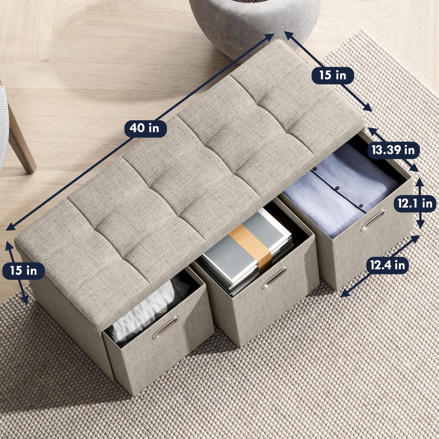 Ornavo Home Foldable Tufted Linen Large Long Bench Storage Ottoman Foot Rest Stool Seat with 3 Drawer Cubes - 15" x 40" x 15", Navy Blue