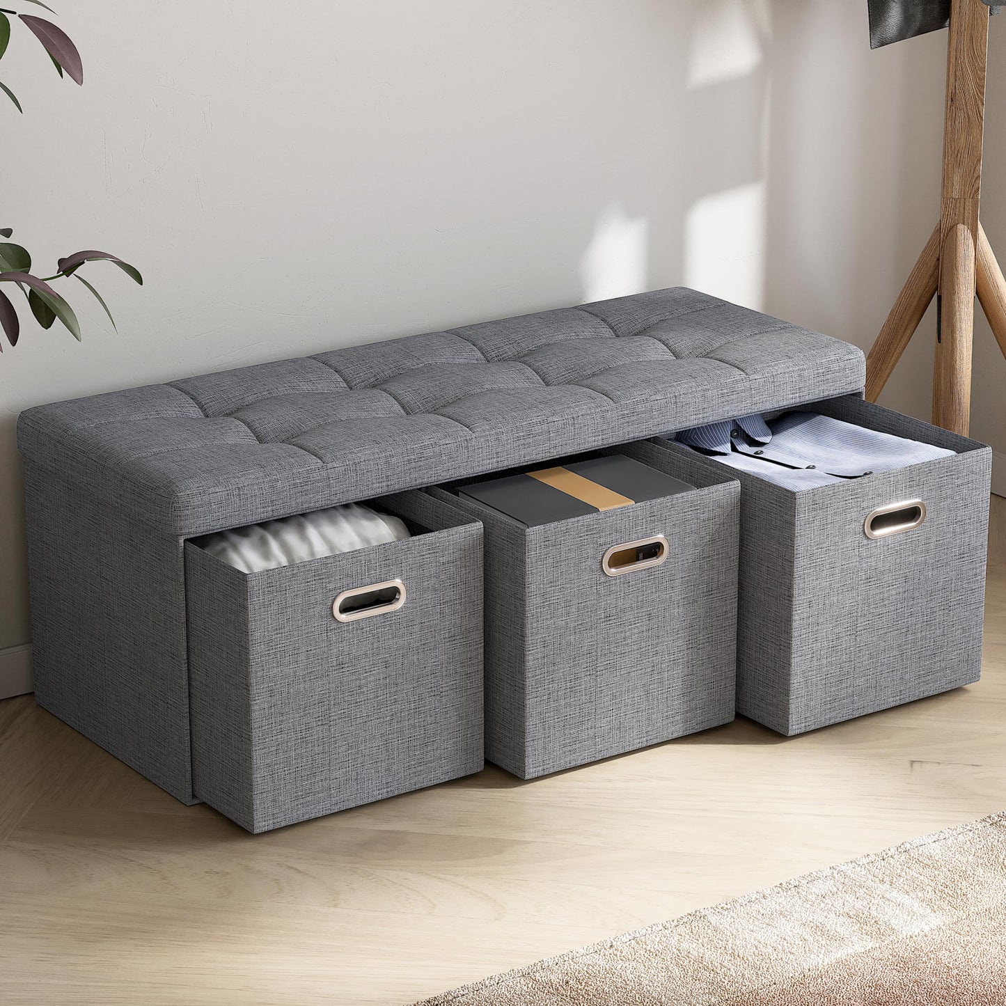 Ornavo Home Foldable Tufted Linen Large Long Bench Storage Ottoman Foot Rest Stool Seat with 3 Drawer Cubes - 15" x 40" x 15", Navy Blue