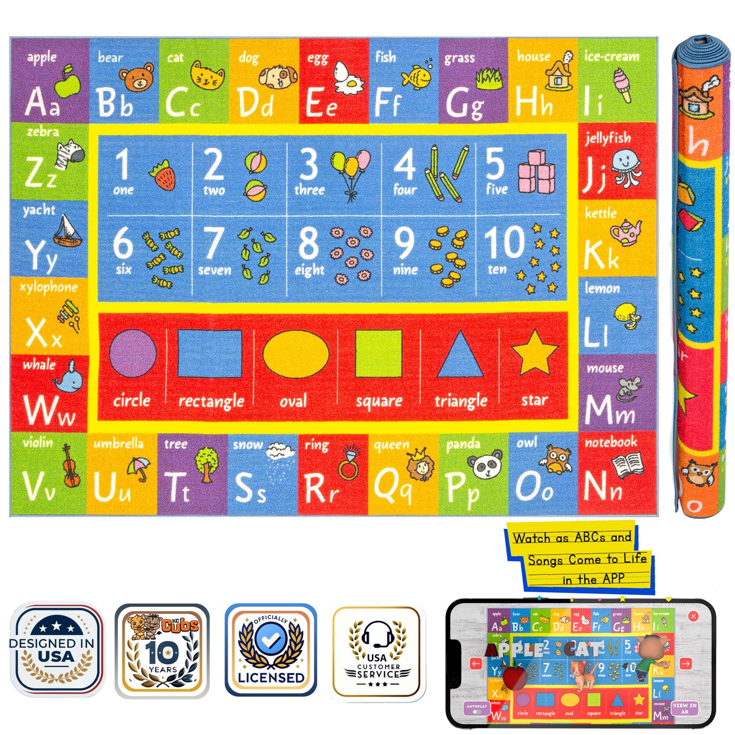 KC Cubs ABC Alphabet, Numbers & Shapes Educational Learning & Fun Game Play Area Rug for Kids Bedroom, Toddler Classroom and Baby Playroom