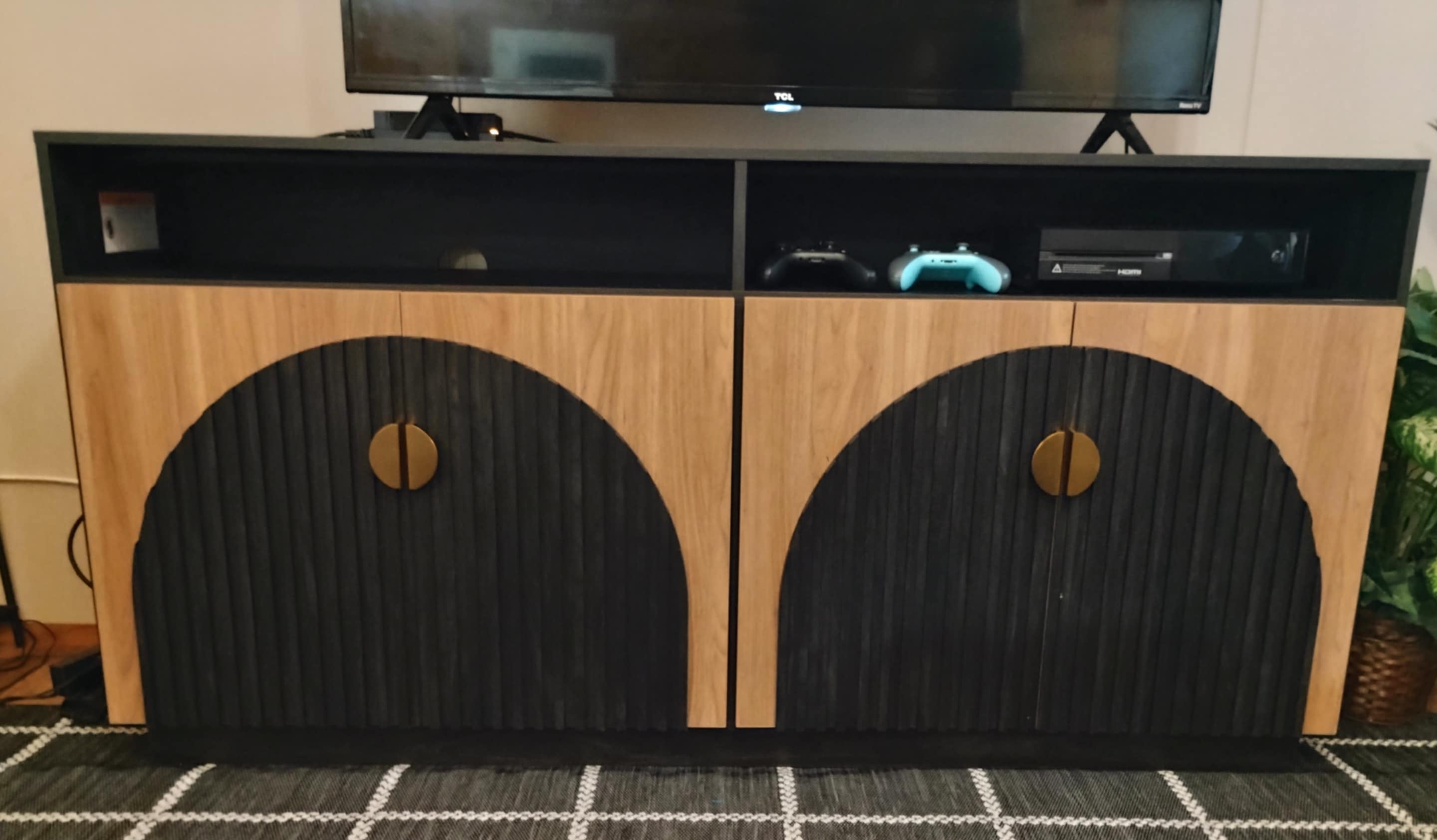 TV Stand Entertainment, Black, Camel Mid Century Modern 2-Piece Tall Storage, Adjustable shelves/doors