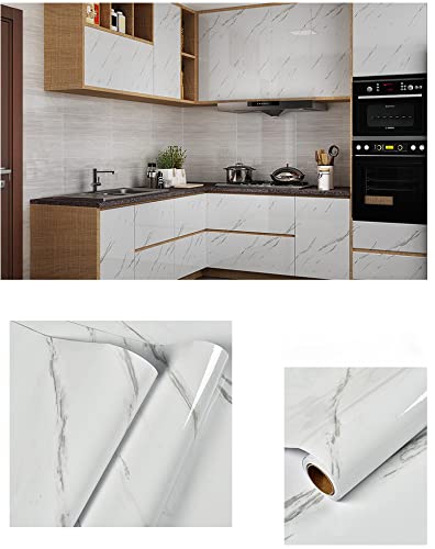 Glossy Marble Paper Granite Gray/White Wallpaper Peel and Stick Wallpaper Self Adhesive Removable Wallpapers 15.8″ ×118″ Waterproof Countertop Paper for Cabinet Countertop Furniture Kitchen Viny Film