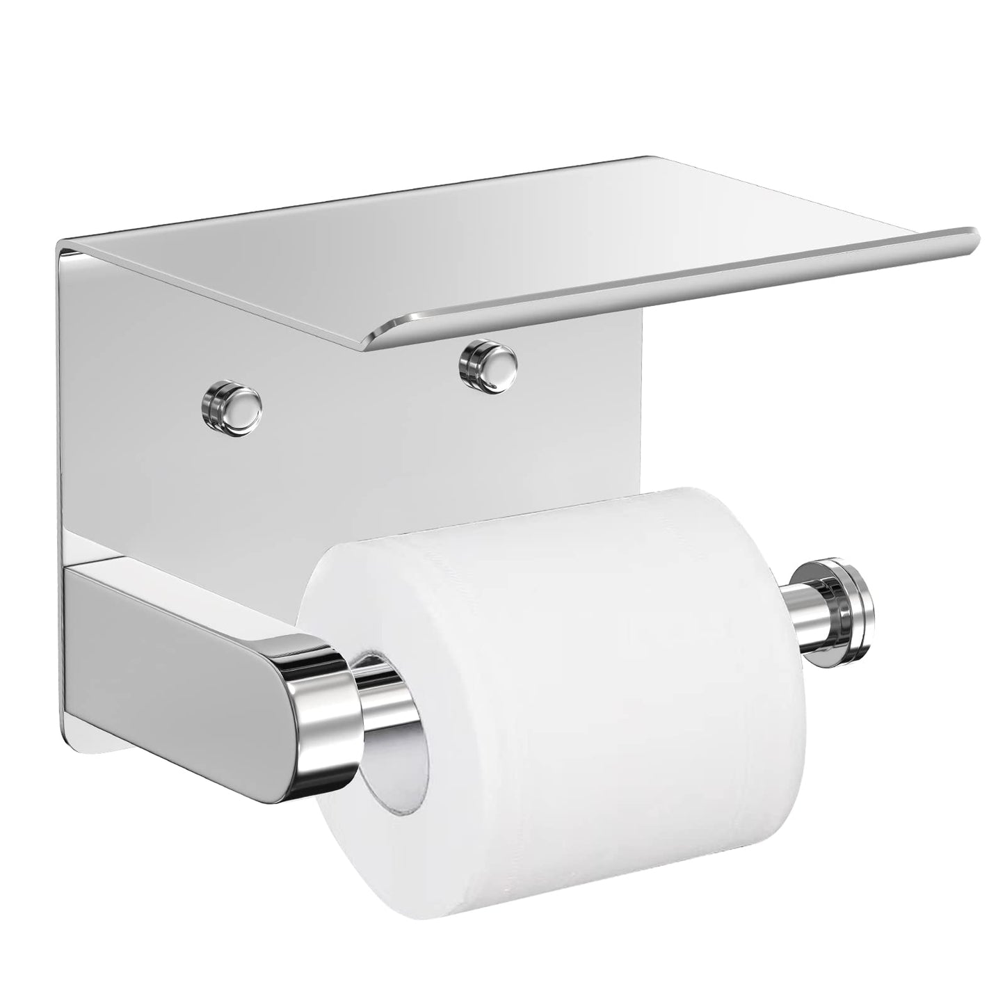 VAEHOLD Self Adhesive Toilet Paper Holder with Phone Shelf Stainless Steel Wall Mounted Toilet Paper Roll Holder - Rustproof and Bathroom Washroom Tissue Roll Holder with Shelf - Black