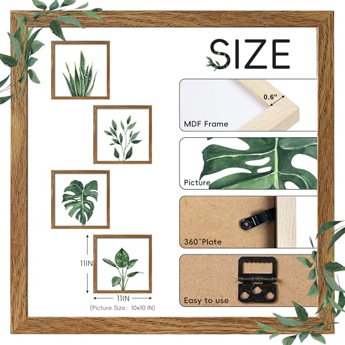 ArtbyHannah Framed Bathroom Wall Decor, 10x10 Inch Botanical Wall Art with Sage Green Plant Print for Wall Decoration, Minimalist Restroom Decor (Walnut)