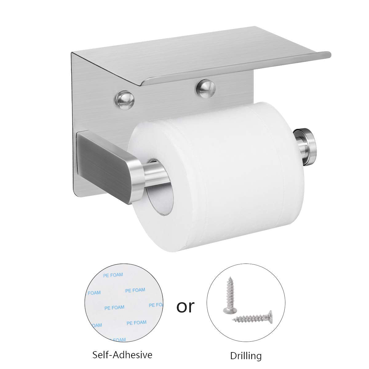 VAEHOLD Self Adhesive Toilet Paper Holder with Phone Shelf Stainless Steel Wall Mounted Toilet Paper Roll Holder - Rustproof and Bathroom Washroom Tissue Roll Holder with Shelf - Black