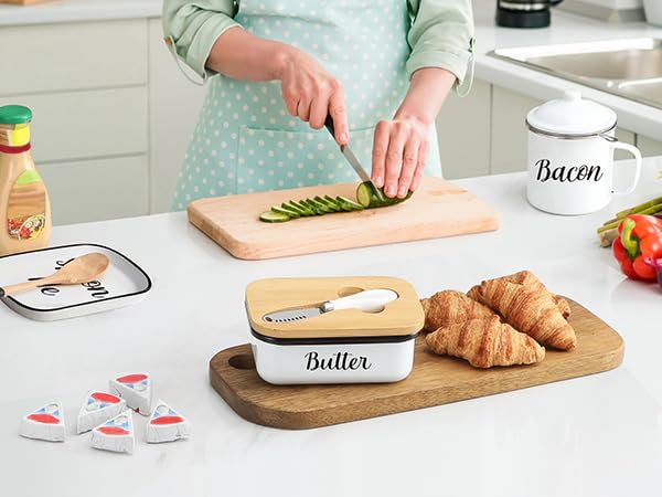 Butter Dish with Lid and Butter Curler Knife - Unbreakable Stainless Steel Keeper Container with Double Silicone Sealing, for Kitchen Farmhouse Decor