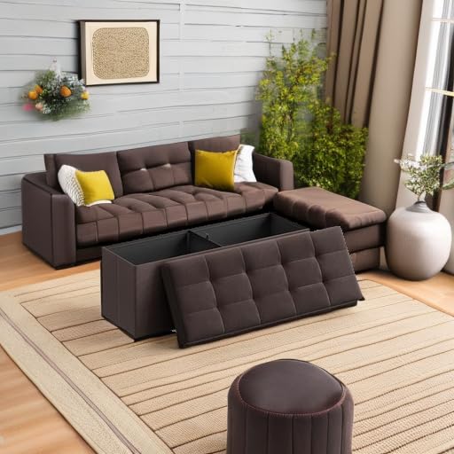 SONGMICS MAZIE Collection - 43 Inches Folding Storage Ottoman Bench, Ottoman Foot Rest, End of Bed Bench, Storage Chest, Load 660 lb, for Living Room, Bedroom, Entryway, Midnight Blue ULSF77IN