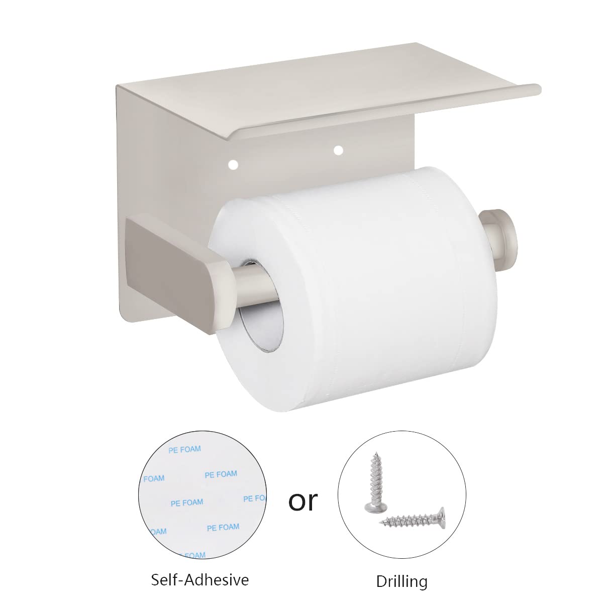 VAEHOLD Self Adhesive Toilet Paper Holder with Phone Shelf Stainless Steel Wall Mounted Toilet Paper Roll Holder - Rustproof and Bathroom Washroom Tissue Roll Holder with Shelf - Black
