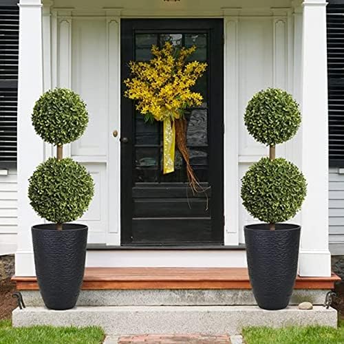 Tall Round Planters Set of 2-14" Dia x 21" H Stone Finish Flower Pots Indoor Decorative Container Garden Patio Unbreakable Beige