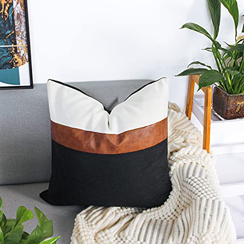 cygnus Set of 2 Faux Leather and Linen Throw Pillow Covers 18x18 Inch Black and White Modern Decorative Accent Cover