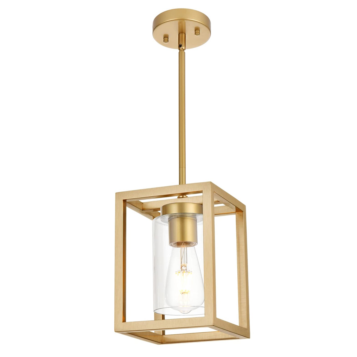 VINLUZ Farmhouse Chandeliers for Kitchen Island with Clear Glass Shade Black and Brushed Brass 5 Light Dining Room Lighting Fixtures Hanging, Rectangle Pendant Lights Industrial Ceiling Light