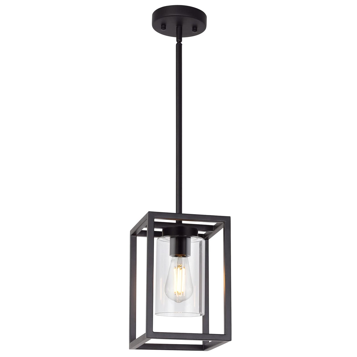 VINLUZ Farmhouse Chandeliers for Kitchen Island with Clear Glass Shade Black and Brushed Brass 5 Light Dining Room Lighting Fixtures Hanging, Rectangle Pendant Lights Industrial Ceiling Light