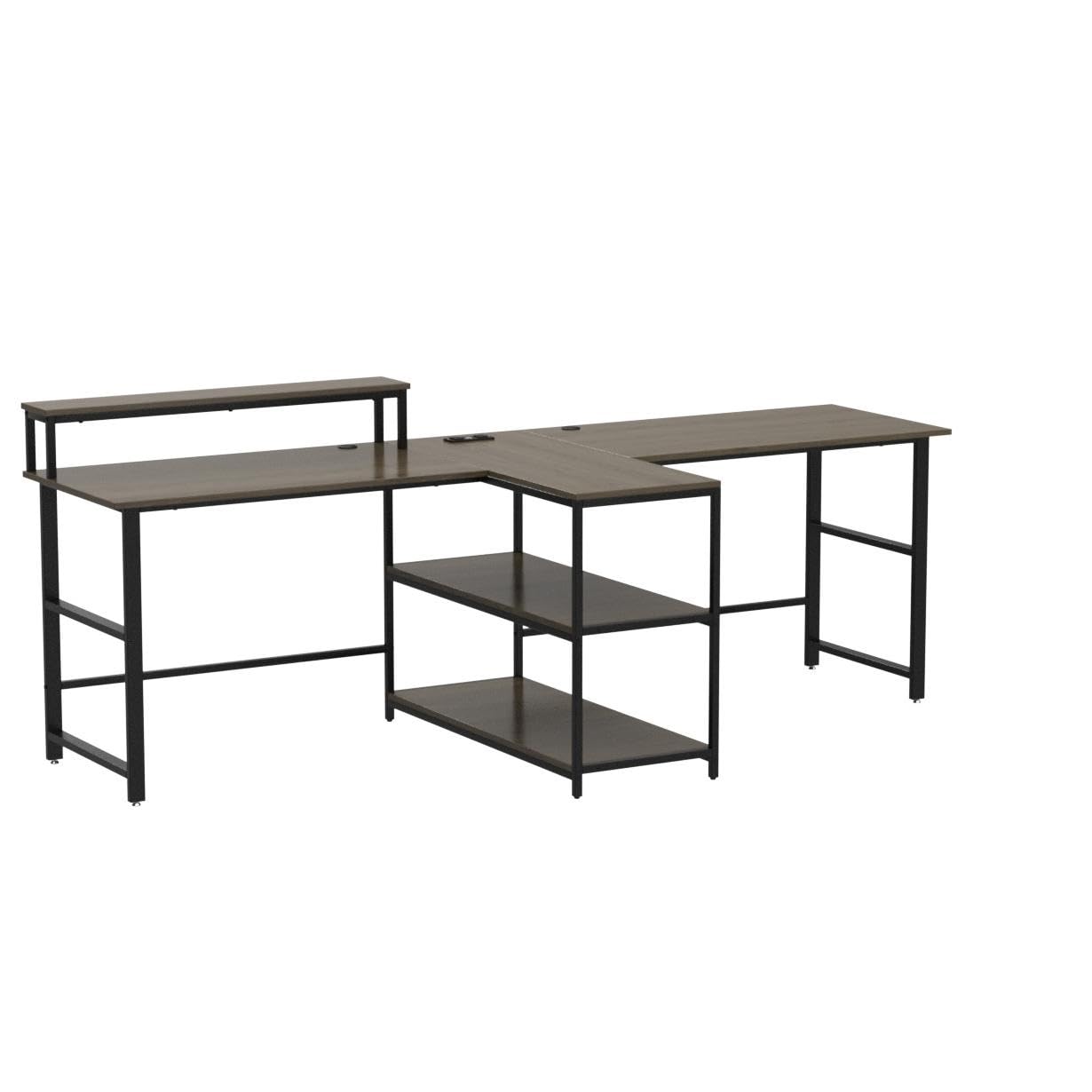 SEDETA 94.5" Home Office Desks, Computer Gaming Desk with Storage, LED Lights, Power Strip with USB, Keyboard Tray & Monitor Stand, Extra Long Double Desk for 2 Person