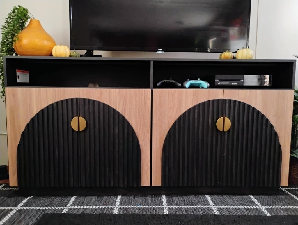 TV Stand Entertainment, Black, Camel Mid Century Modern 2-Piece Tall Storage, Adjustable shelves/doors