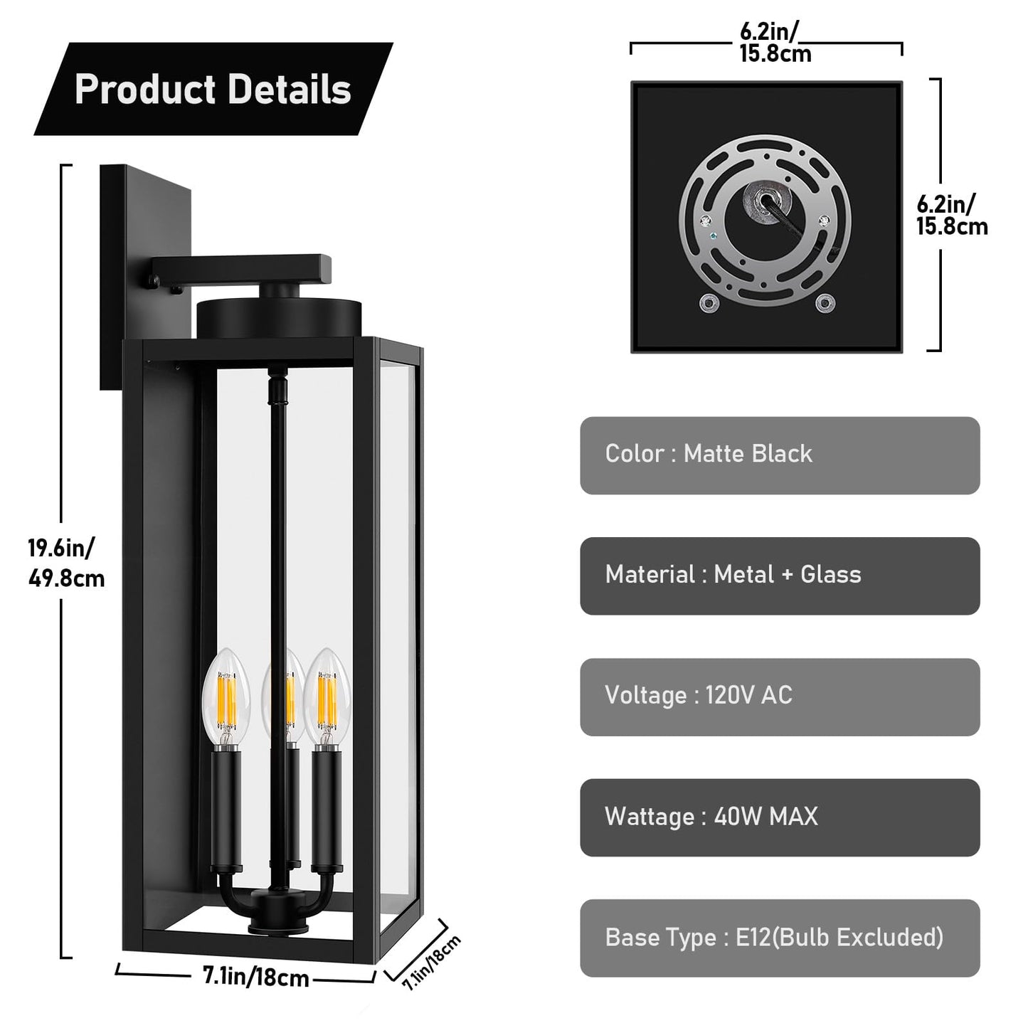 Outdoor Wall Light Fixtures, Exterior Waterproof Wall Lanterns, Porch Sconces Lighting with E26 Sockets & Glass Shades, Modern Matte Black Outside Lights for Patio Front Door Entryway Garage, 2-Pack