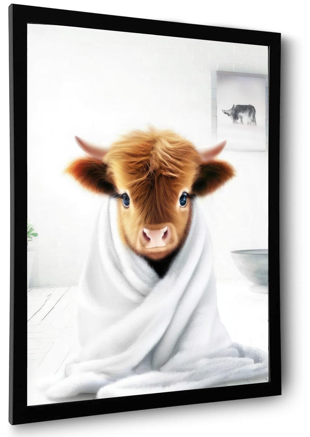 Foduuo Wall Art, Funny Highland Cow Poster, Black Framed, Waterproof, Bathroom Decoration