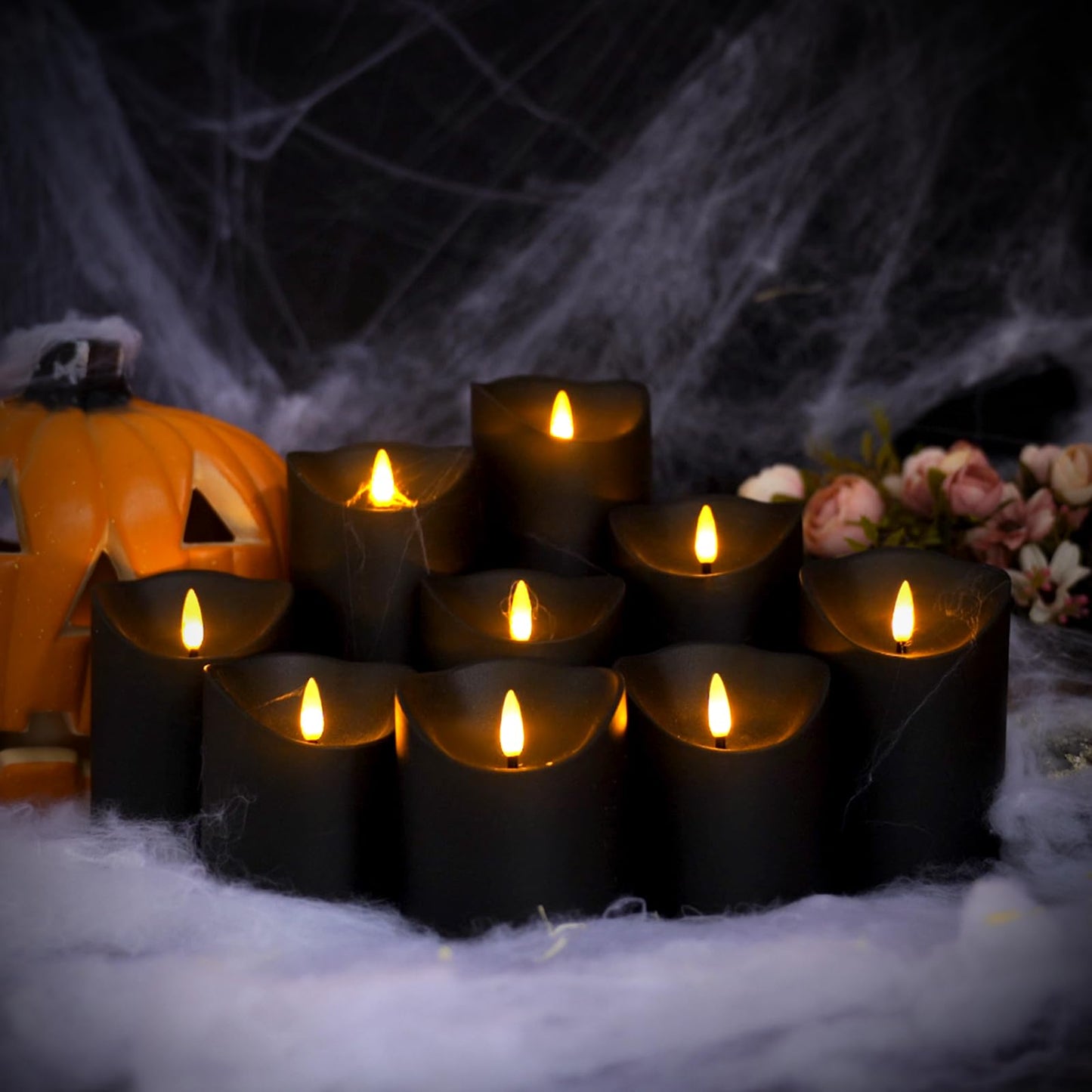 Flameless Candles with Remote, Battery Operated Flickering Flameless Candles, LED Candles with Timer 2/4/6/8H, with Realistic LED Candles Set of 9 (D3 x H 3" 4" 5" 6" 7") (Black)
