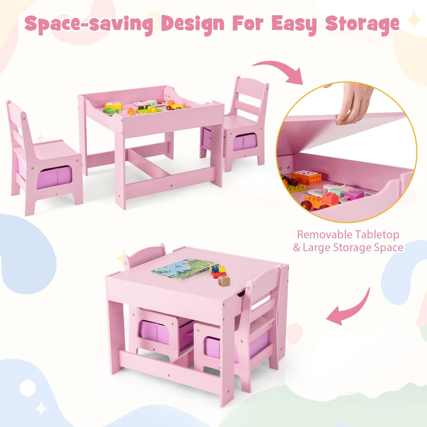 Costzon Kids Table and Chairs, 4 in 1 Wooden Activity Desk Set w/Reversible Tabletop, Bookshelves & Storage Drawers for Drawing, Reading, Crafts, Playing, Toddler Table and Chair Set