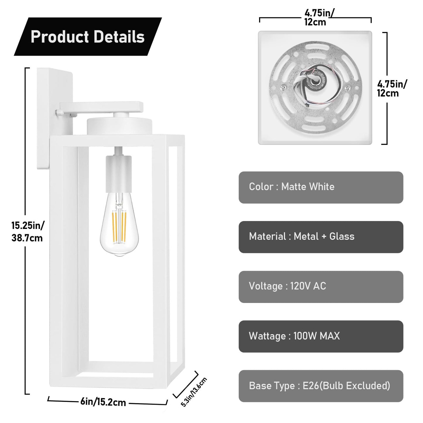 Outdoor Wall Light Fixtures, Exterior Waterproof Wall Lanterns, Porch Sconces Lighting with E26 Sockets & Glass Shades, Modern Matte Black Outside Lights for Patio Front Door Entryway Garage, 2-Pack