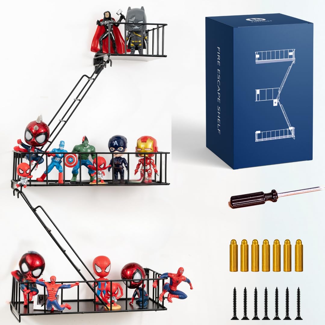 Fire Escape Wall Shelf - New York Metal Decorative Shelf with Screwdriver & Screws, Rustic Wall Shelves for Bedroom, Home Décor, Action Figure Display (3-Tier Black Floating Shelves)