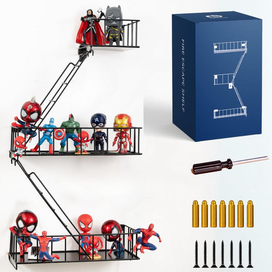 Fire Escape Wall Shelf - New York Metal Decorative Shelf with Screwdriver & Screws, Rustic Wall Shelves for Bedroom, Home Décor, Action Figure Display (3-Tier Black Floating Shelves)