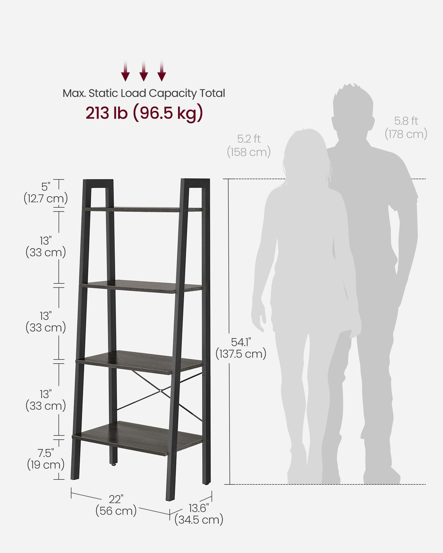 VASAGLE Ladder Shelf, 5-Tier Bookshelf, Storage Rack, Bookcase with Steel Frame, for Living Room, Home Office