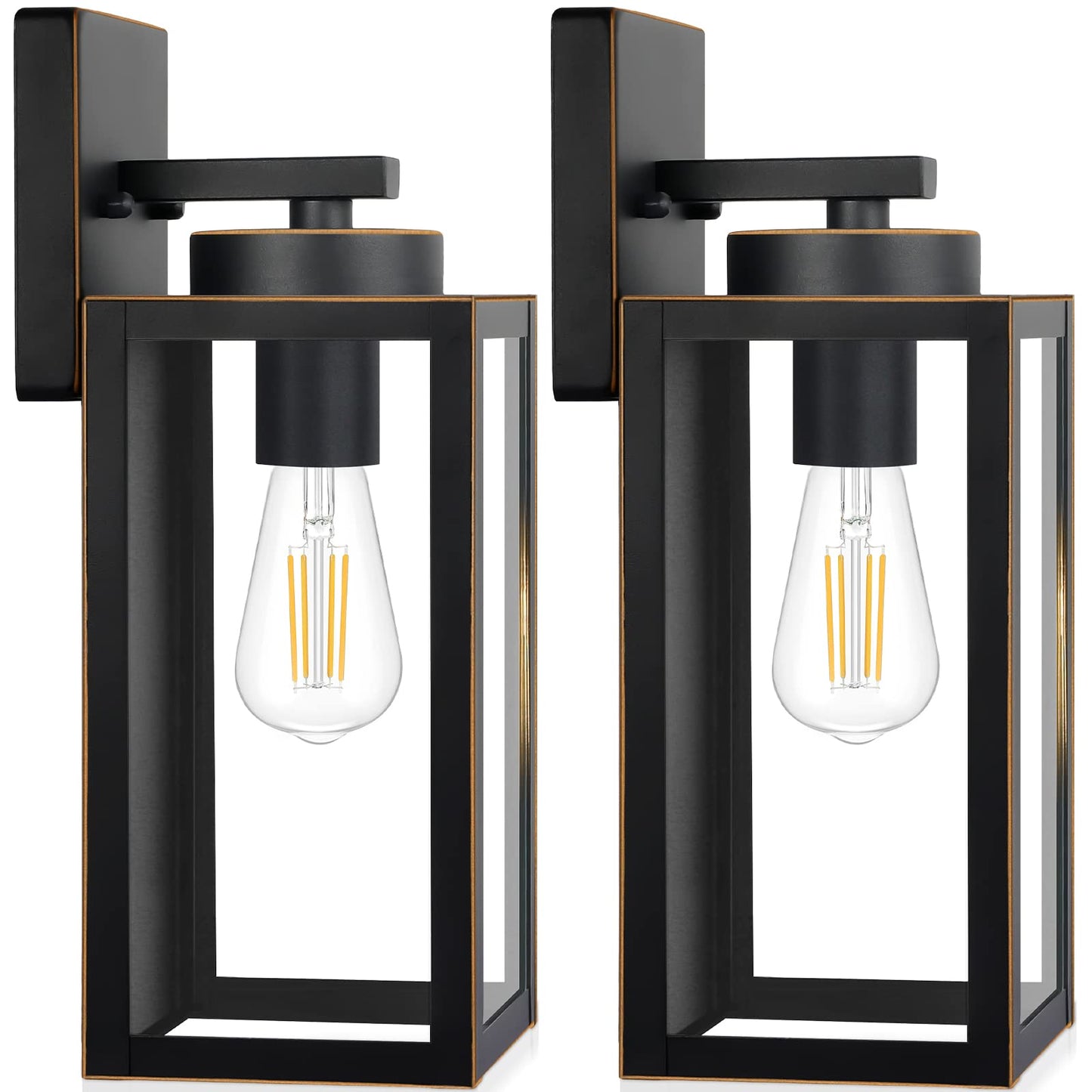 Outdoor Wall Light Fixtures, Exterior Waterproof Wall Lanterns, Porch Sconces Lighting with E26 Sockets & Glass Shades, Modern Matte Black Outside Lights for Patio Front Door Entryway Garage, 2-Pack