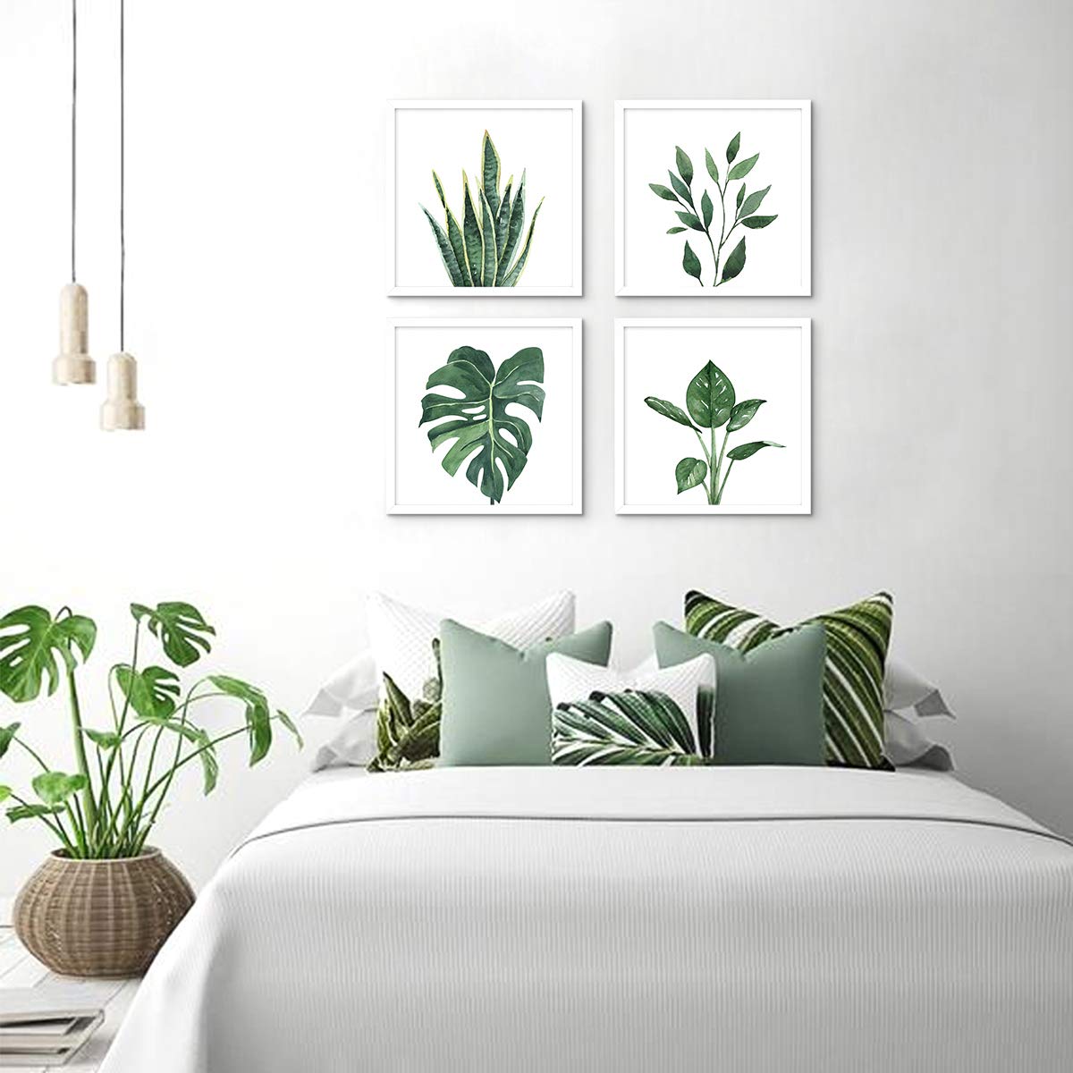 ArtbyHannah Framed Bathroom Wall Decor, 10x10 Inch Botanical Wall Art with Sage Green Plant Print for Wall Decoration, Minimalist Restroom Decor (Walnut)