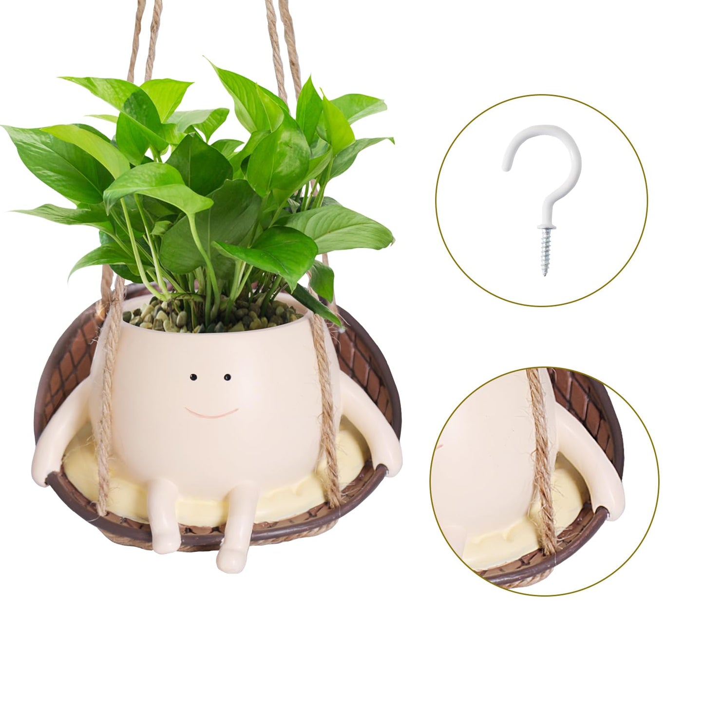 Hanging Swing Chair Planter Pot Smile Face Plant Pot for Indoor Outdoor Plants Cute Head Flower Pots for Succulent String of Pearls Unique Gift on Mother's Day, Birthday, Christmas