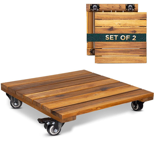 2pack Wood Plant Caddy With Wheels Heavy Duty Red Brown, 264 Lbs Capacity, 12 Inch Acacia Hardwood Plant Dolly, Plant Stand with 360° Lockable Wheels for Plant Pots, Heavy Objects Hauling