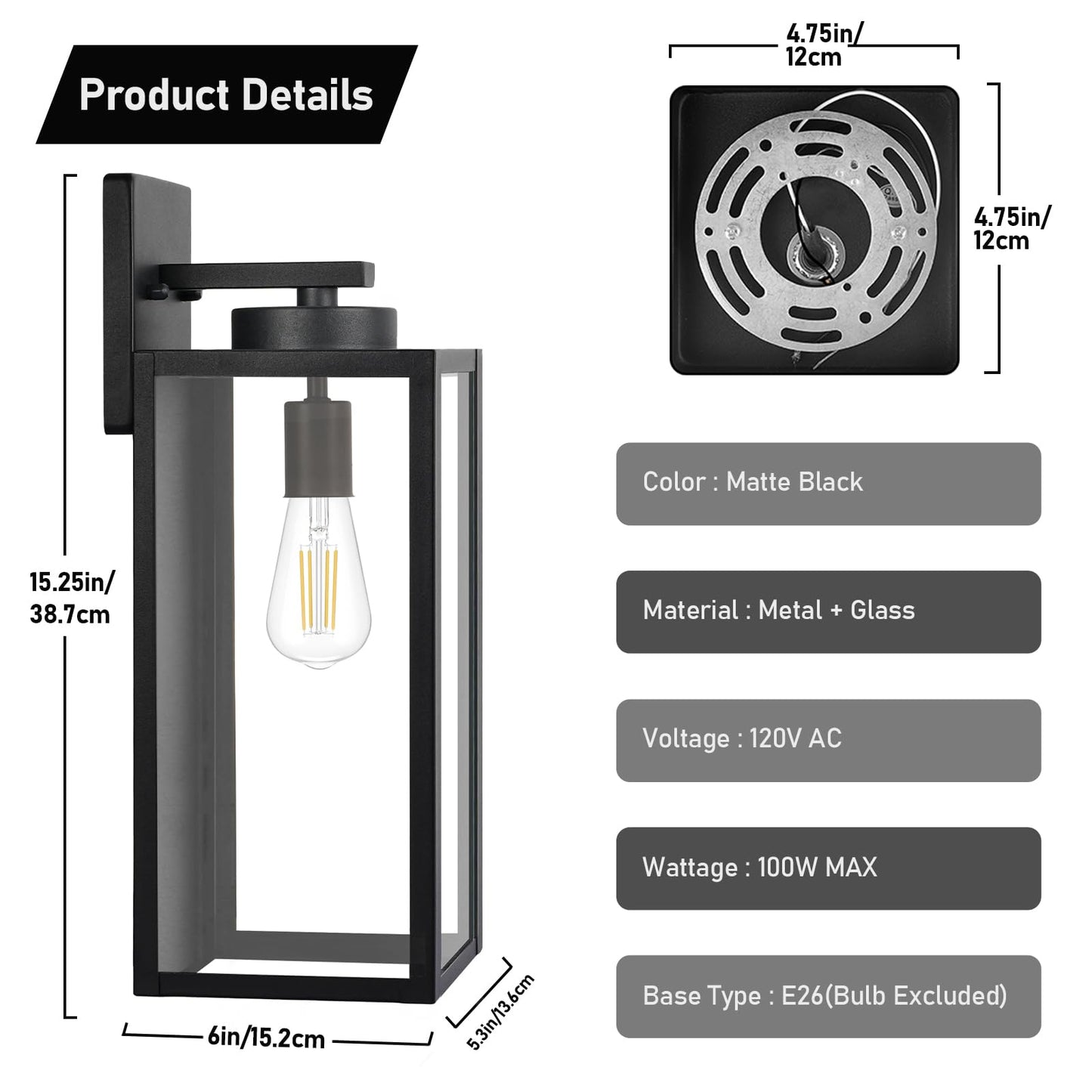 Outdoor Wall Light Fixtures, Exterior Waterproof Wall Lanterns, Porch Sconces Lighting with E26 Sockets & Glass Shades, Modern Matte Black Outside Lights for Patio Front Door Entryway Garage, 2-Pack
