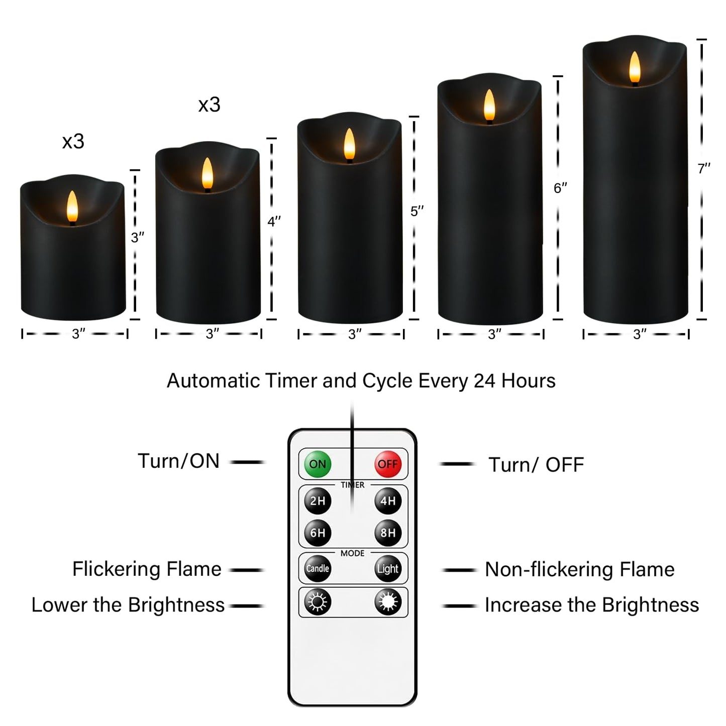 Flameless Candles with Remote, Battery Operated Flickering Flameless Candles, LED Candles with Timer 2/4/6/8H, with Realistic LED Candles Set of 9 (D3 x H 3" 4" 5" 6" 7") (Black)