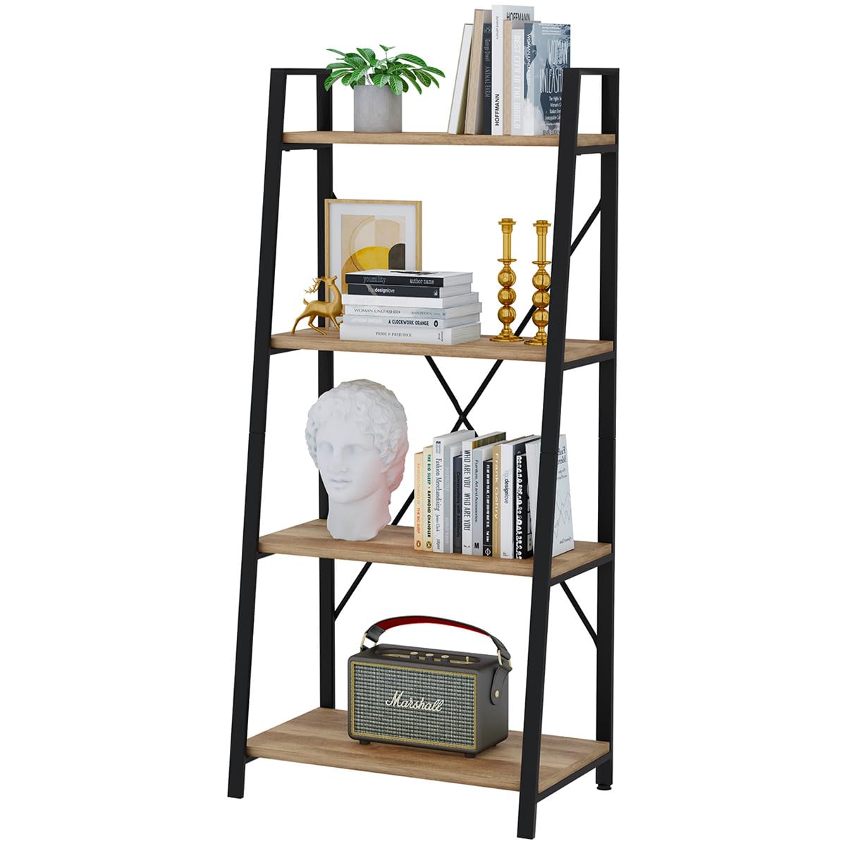 BON AUGURE Ladder Bookshelf, 4 Tier Ladder Shelf Bookcase, Wood Leaning Book Shelves for Living Room, Bedroom, Home Office Shelving Unit (Dark Grey Oak)