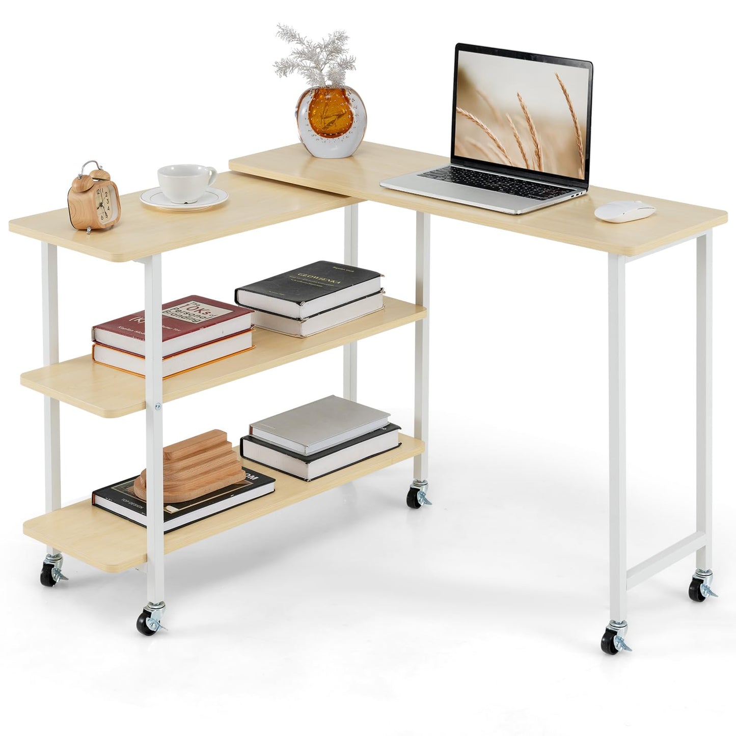 Tangkula 360° Rotating Sofa Side Table, Patented Mobile End Table with 2-Tier Storage Shelves, Swivel Rolling Desk with 6 Lockable Casters