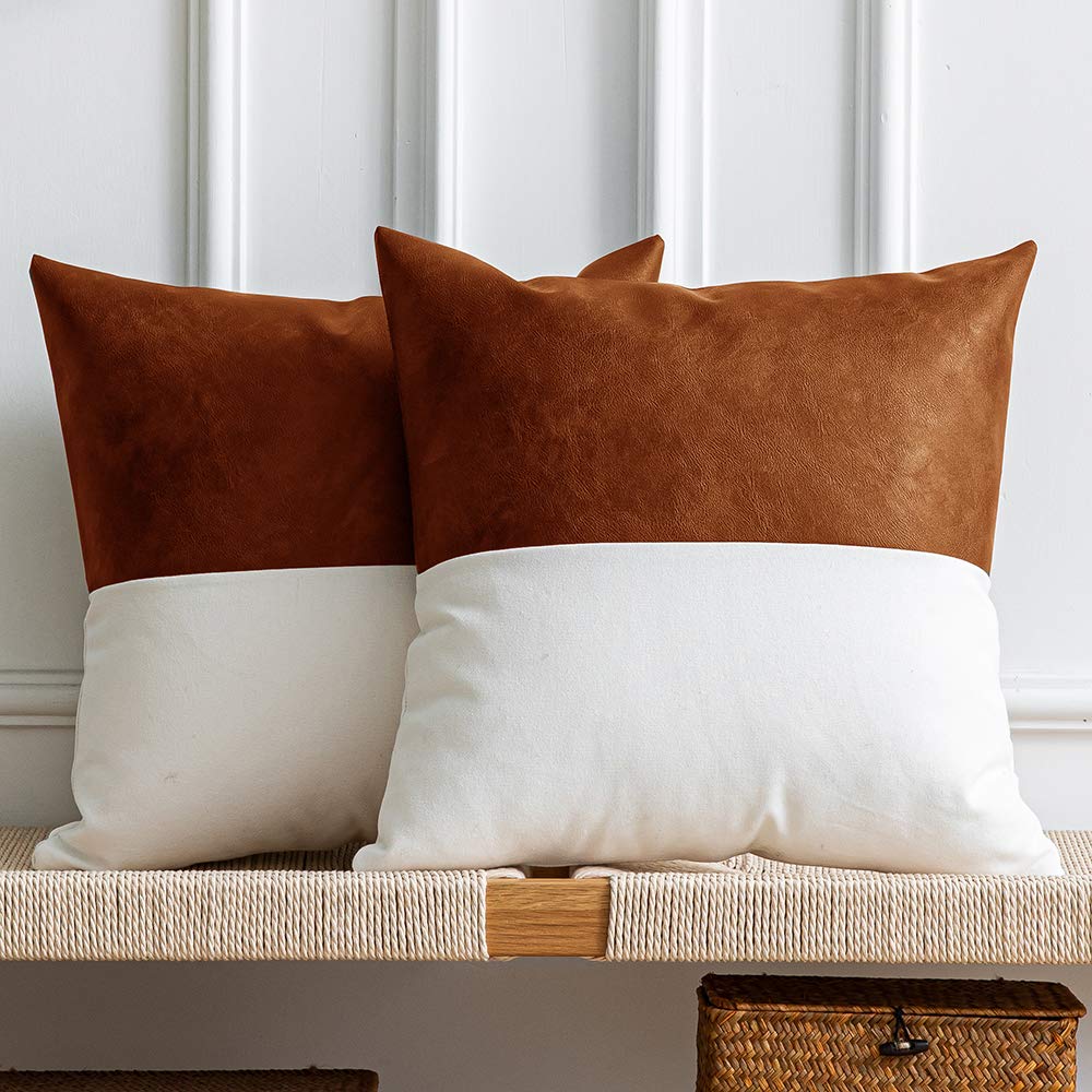 DEZENE Leather Throw Pillow Covers, Set of 2 Modern Leather/Cotton Decorative Pillowcases for Home Decor