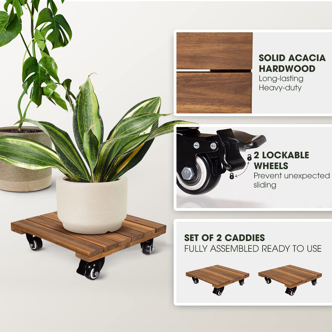 2pack Wood Plant Caddy With Wheels Heavy Duty Red Brown, 264 Lbs Capacity, 12 Inch Acacia Hardwood Plant Dolly, Plant Stand with 360° Lockable Wheels for Plant Pots, Heavy Objects Hauling